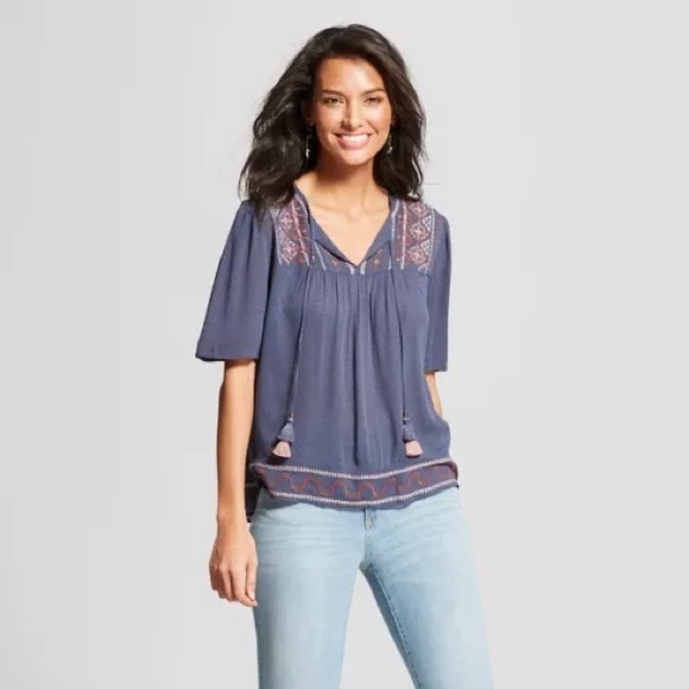 Knox Rose Blue Embroidered Blouse EUC